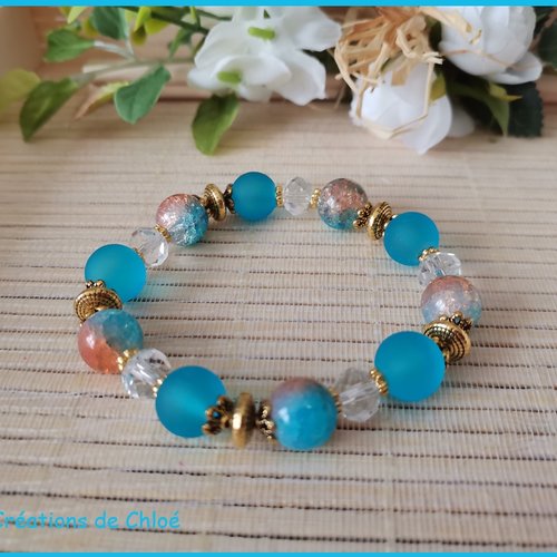 Bracelet fil élastique perles givré et craquelé bleu