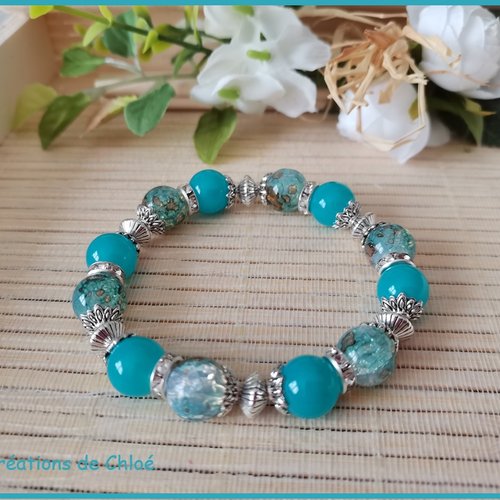 Bracelet fil élastique perles imitation jade et craquelé turquoise