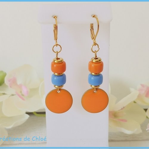 Boucles d'oreilles pendentif émail orange et perles en verre colonne bicolore