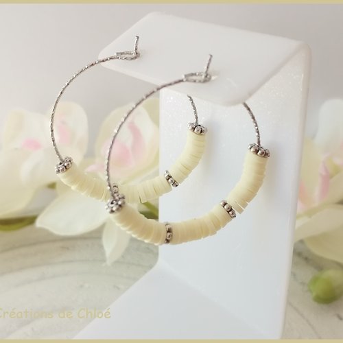 Boucles d'oreilles créoles acier inoxydable ciselé et perles heishi