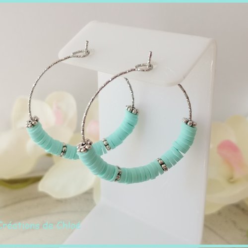Boucles d'oreilles créoles acier inoxydable ciselé et perles heishi