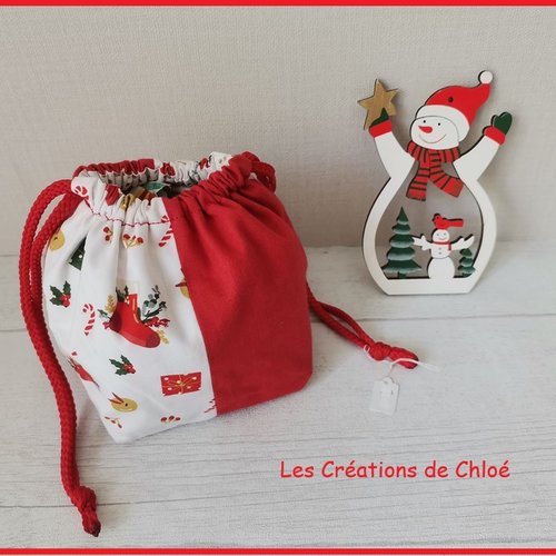 Petit sac pochon de noël à lien coulissant rouge et blanc