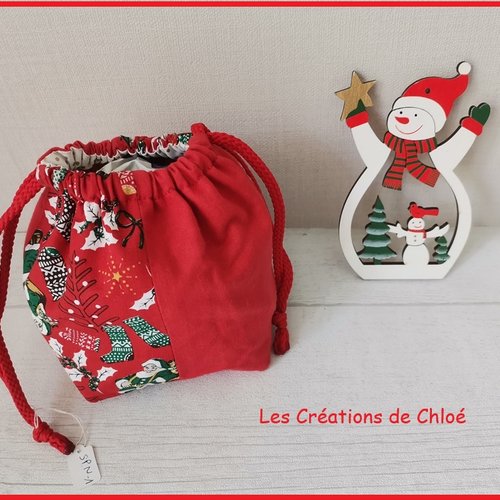 Petit sac pochon de noël à lien coulissant rouge et bleu
