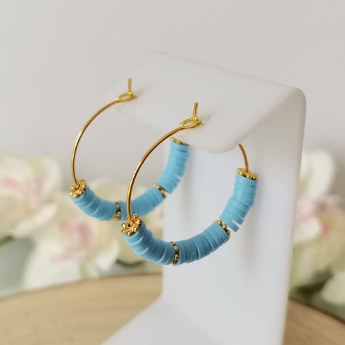 Boucles d'oreilles créoles dorées acier inoxydable et perles heishi