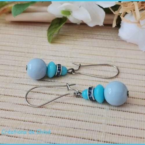 Boucles d'oreilles 3 perles en verre ton bleu