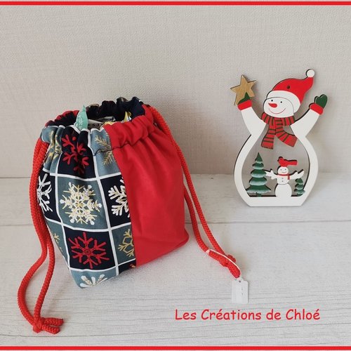 Petit sac pochon de noël à lien coulissant rouge et bleu