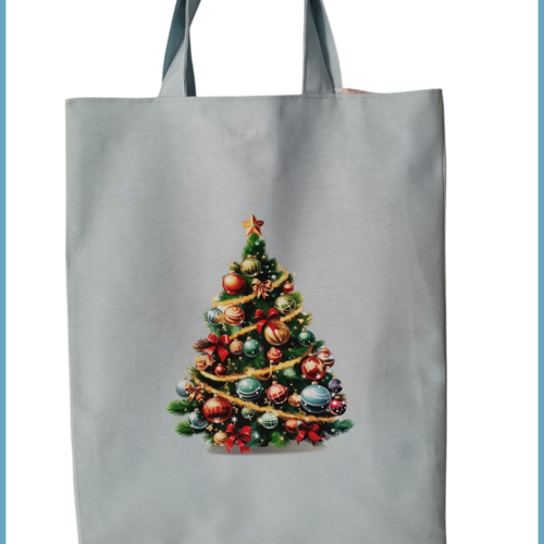 Sac tote bag de noël bleu ciel et motif sapin de noël
