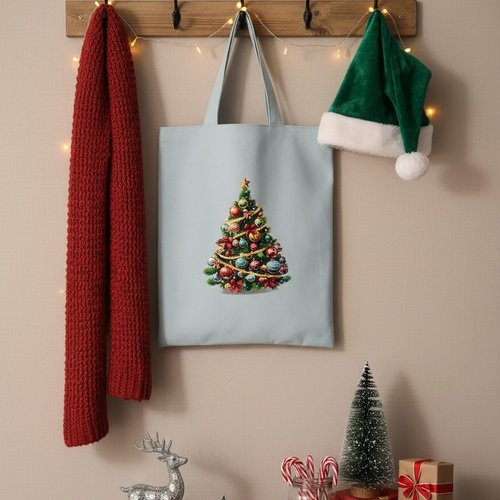 Sac tote bag de noël bleu ciel et motif sapin de noël