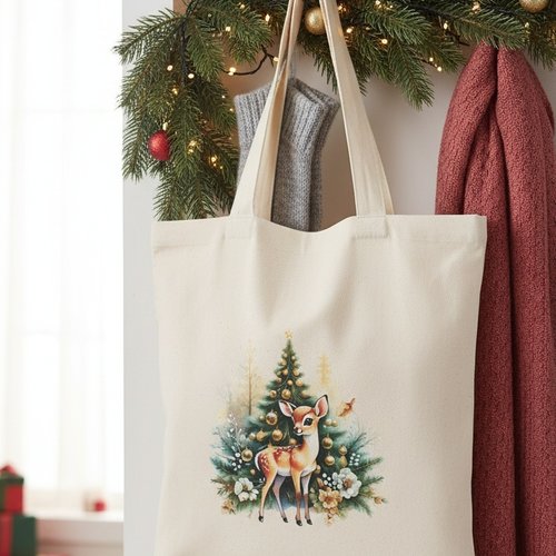 Sac tote bag de noël beige et motif faon