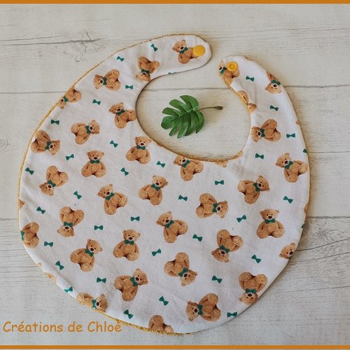 Bavoir bébé coton blanc et motif ours en peluche