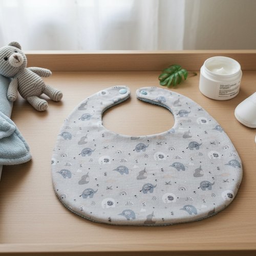 Bavoir bébé coton bleu et motif éléphants