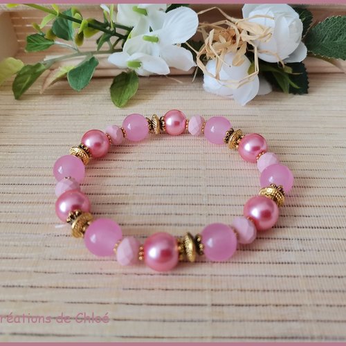 Bracelet perles imitation jade rose