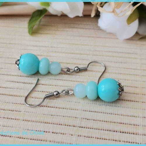 Boucles d'oreilles acier inoxydable 3 perles en verre ton bleu