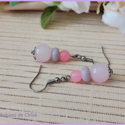 Promo - boucles d'oreilles acier inoxydable 3 perles en verre ton rose mauve