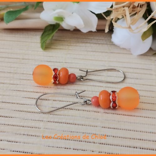Promo - boucles d'oreilles 3 perles en verre ton orange