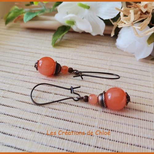 Promo -boucles d'oreilles perles imitation jade orange