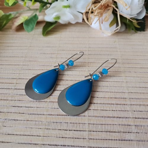 Boucles d'oreilles apprêts argentés et sequin émail bleu
