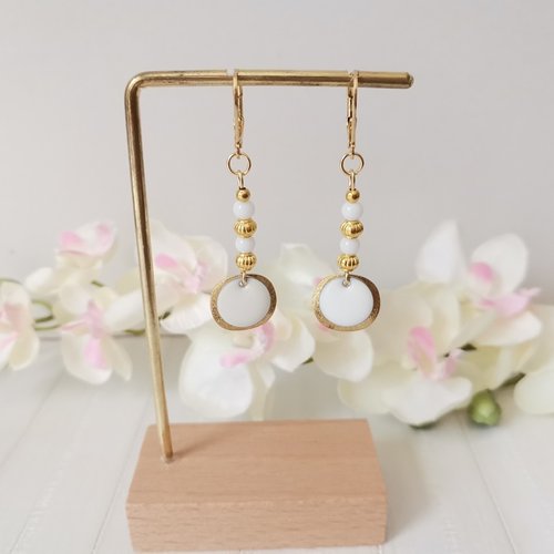 Boucles d'oreilles acier inoxydable doré et sequin émail blanc