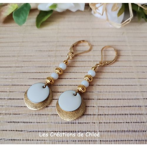 Boucles d'oreilles acier inoxydable doré et sequin émail blanc