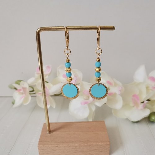 Boucles d'oreilles acier inoxydable doré et pendentif bleu