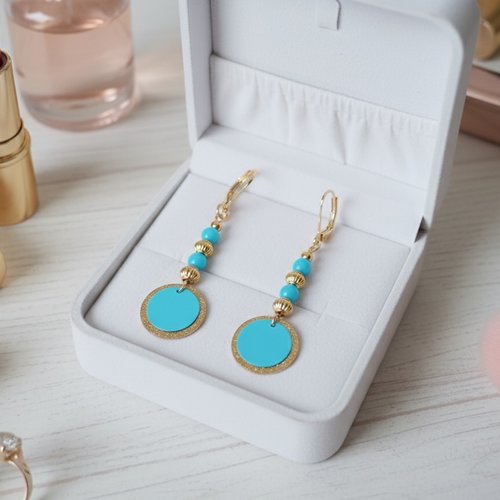 Boucles d'oreilles acier inoxydable doré et pendentif bleu