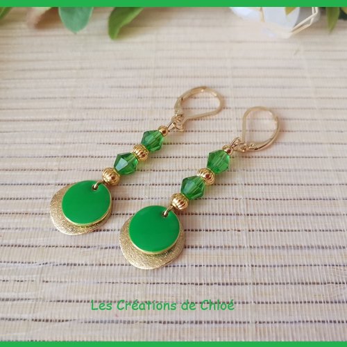 Boucles d'oreilles acier inoxydable doré et sequin émail vert