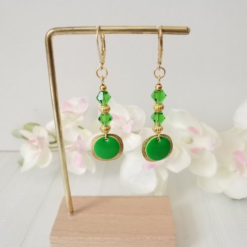 Boucles d'oreilles acier inoxydable doré et sequin émail vert