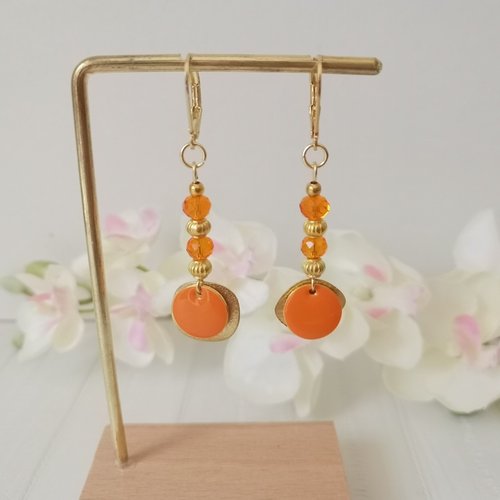Boucles d'oreilles acier inoxydable doré et sequin émail orange