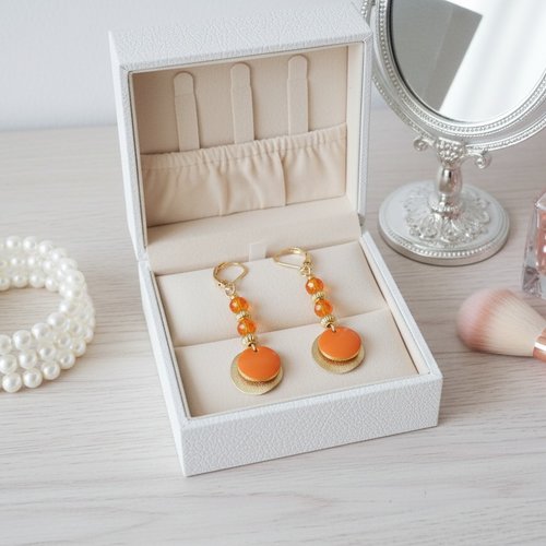 Boucles d'oreilles acier inoxydable doré et sequin émail orange