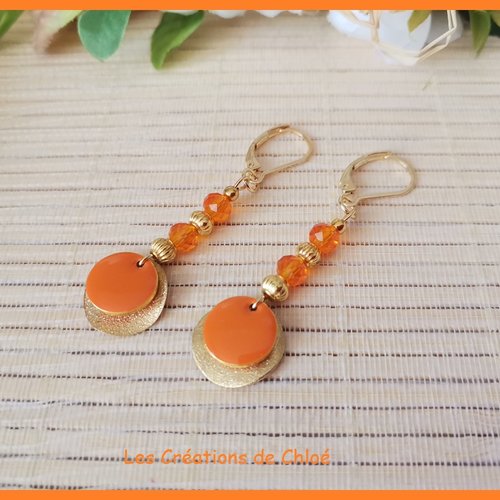 Boucles d'oreilles acier inoxydable doré et sequin émail orange