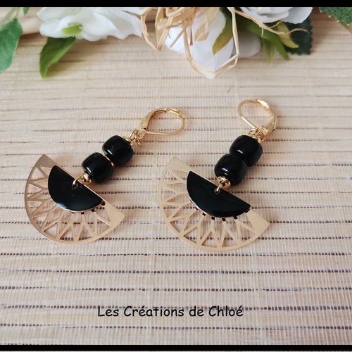Boucles d'oreilles acier inoxydable doré et pendentif noir