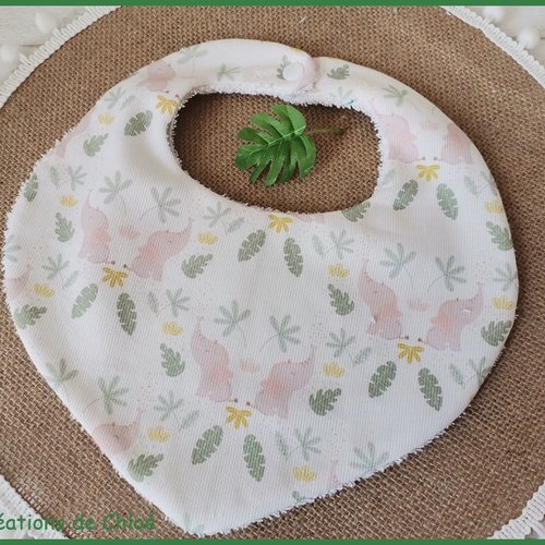 Bavoir bébé coton motif éléphants roses et éponge blanche