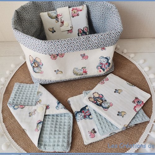 Ensemble naissance tissu blanc et bleu motif oursons
