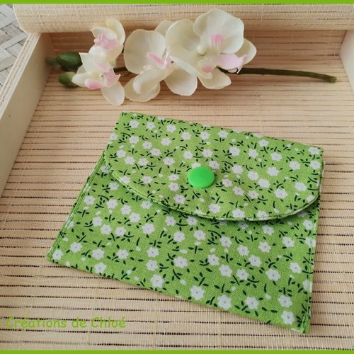 Porte carte ou monnaies tissus coton vert api et motifs fleurs