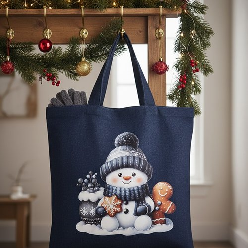 Sac tote bag de noël jean et motif bonhomme de neige