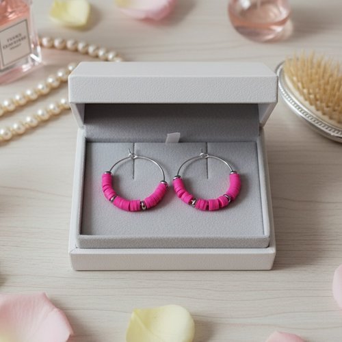 Boucles d'oreilles créoles argentées et perles heishi