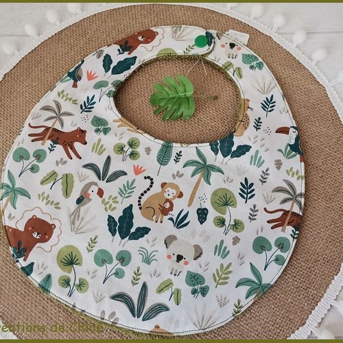 Bavoir bébé coton motif animaux et tissu éponge kaki