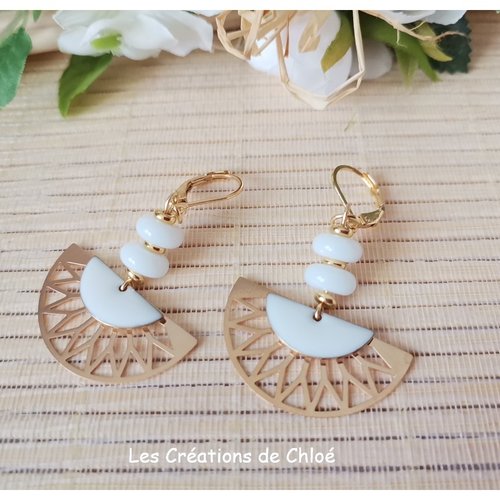 Boucles d'oreilles acier inoxydable doré et pendentif blanc