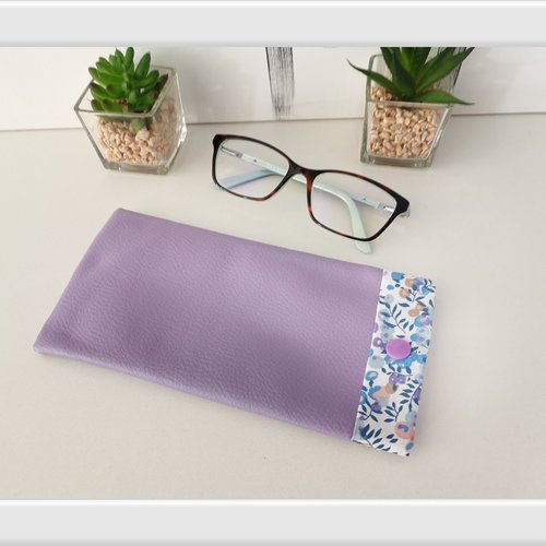 Etui à lunette en simili cuir mauve et tissus motifs fleurs