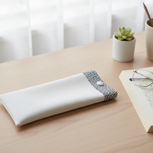 Etui à lunette en simili cuir blanc et tissus formes géométriques