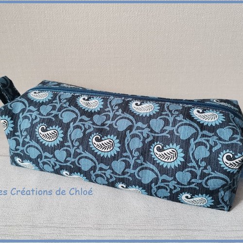 Trousse fourre tout double entoilage bleu motifs cachemire