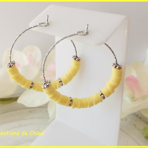 Boucles d'oreilles créoles acier inoxydable ciselé et perles heishi
