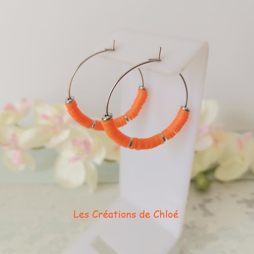 Boucles d'oreilles créoles acier inoxydable et perles heishi