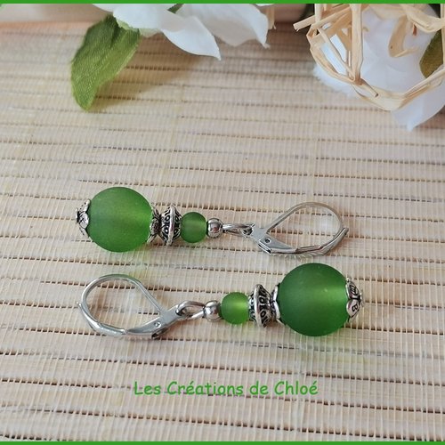 Promo -boucles d'oreilles perles en verre givré et apprêts argent mat