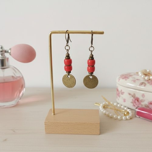 Boucles d'oreilles pendentif métal et perles en verre colonne