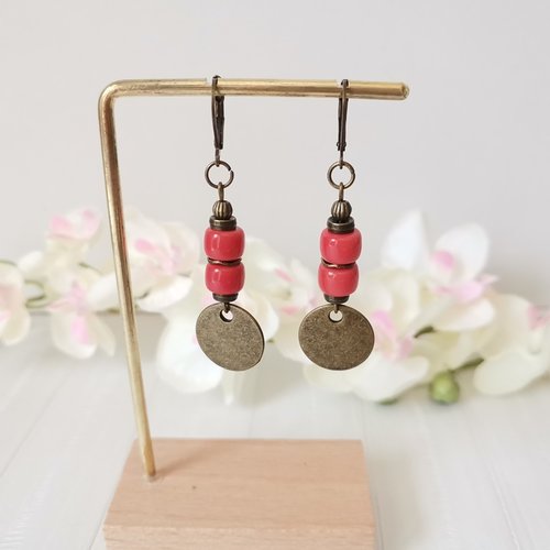Boucles d'oreilles pendentif métal et perles en verre colonne
