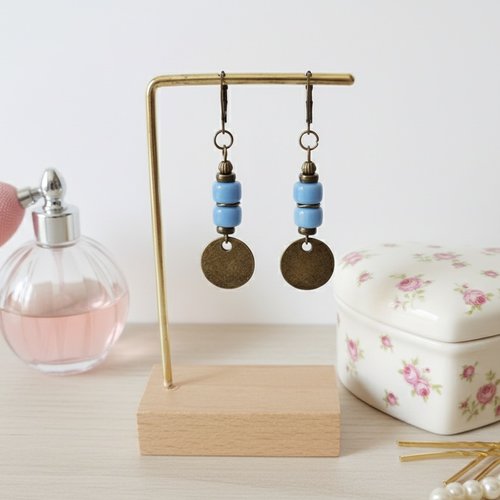 Boucles d'oreilles pendentif métal et perles en verre colonne