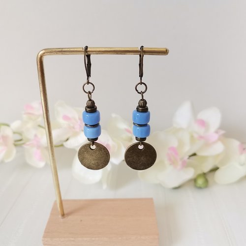 Boucles d'oreilles pendentif métal et perles en verre colonne