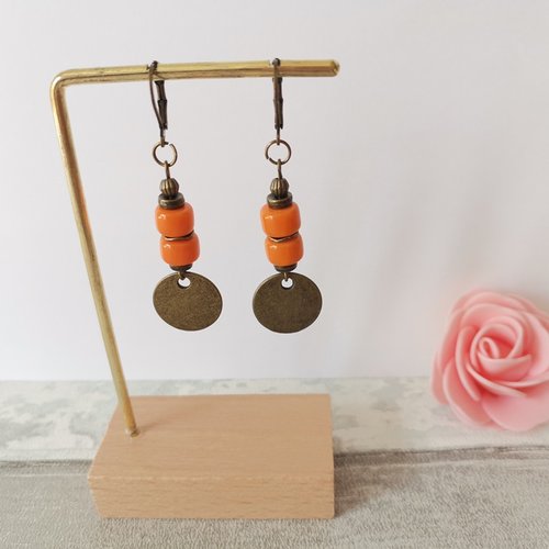 Boucles d'oreilles pendentif métal et perles en verre colonne