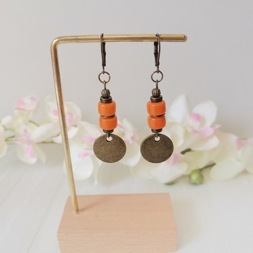 Boucles d'oreilles pendentif métal et perles en verre colonne